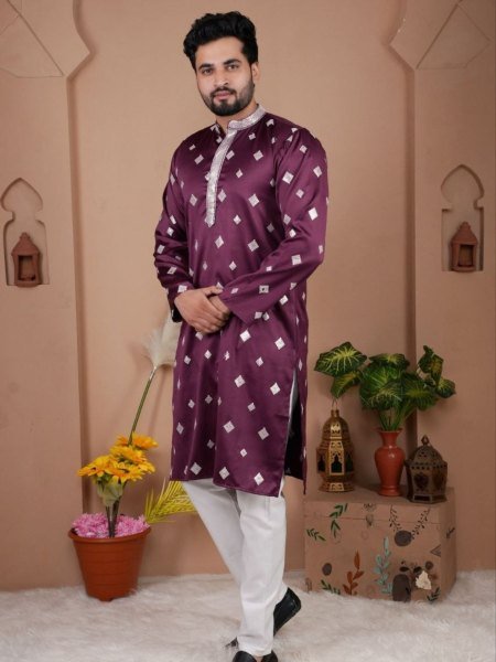 Captivating Wine Silk Kurta with Heavy Work for Wedding and Festive Season Mens Wear