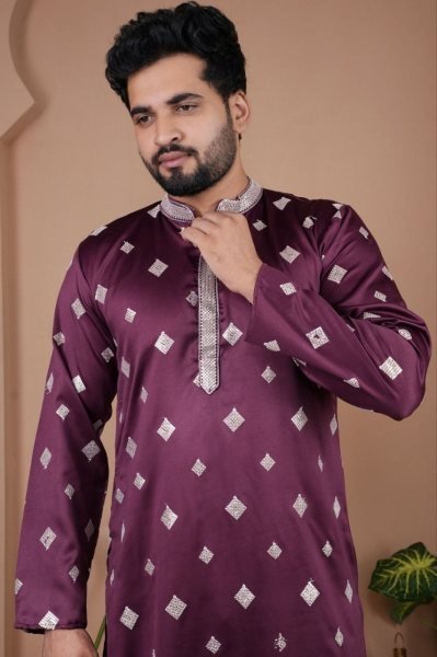Captivating Wine Silk Kurta with Heavy Work for Wedding and Festive Season Kurta Pajama Wholesale