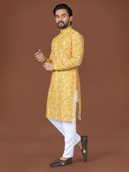 Captivating Yellow Cotton Embroidered Kurta with Digital Floral Print for Festive Gatherings Mens Wear