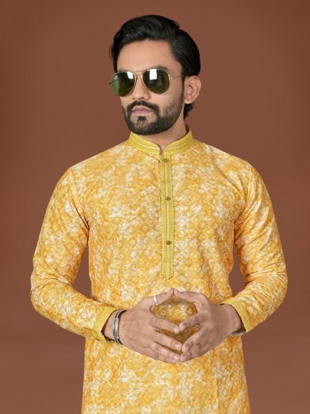 Captivating Yellow Cotton Embroidered Kurta with Digital Floral Print for Festive Gatherings Kurta Pajama Wholesale