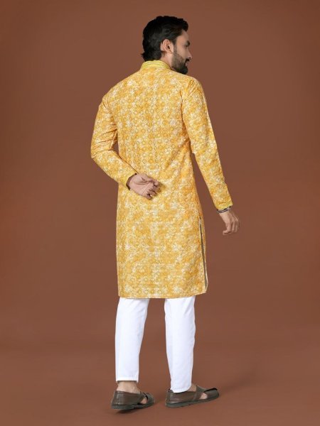 Captivating Yellow Cotton Embroidered Kurta with Digital Floral Print for Festive Gatherings Kurta Pajama Wholesale