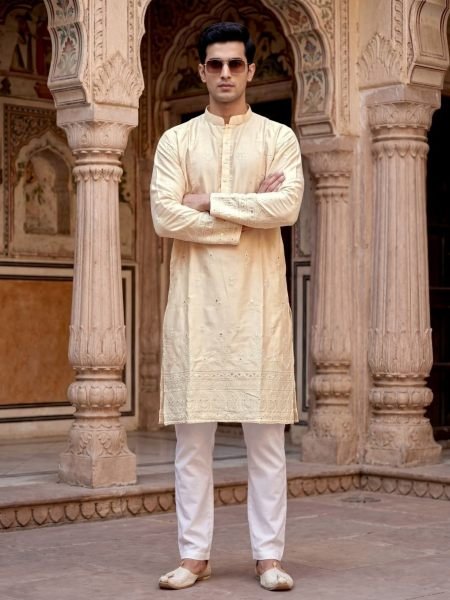 Captivating Yellow Designer Men's Kurta with Heavy Malai Silk and Sequins Embroidery 