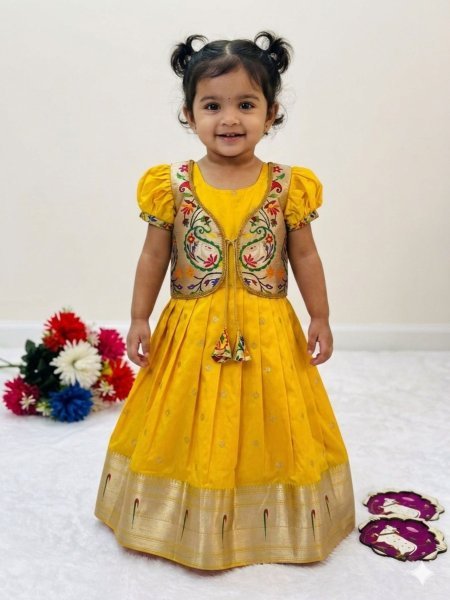 Captivating Yellow Kids Paithani Silk Gown with Zari Weaving and Overcoat Kurtis