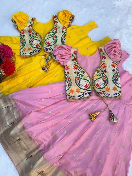 Captivating Yellow Kids Paithani Silk Gown with Zari Weaving and Overcoat Girls Wear