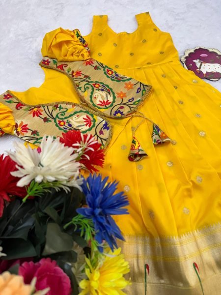 Captivating Yellow Kids Paithani Silk Gown with Zari Weaving and Overcoat Girls Wear