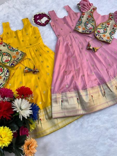 Captivating Yellow Kids Paithani Silk Gown with Zari Weaving and Overcoat Girls Wear