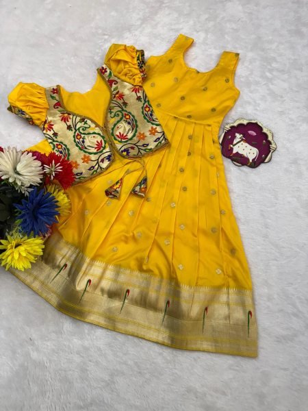Captivating Yellow Kids Paithani Silk Gown with Zari Weaving and Overcoat Girls Wear