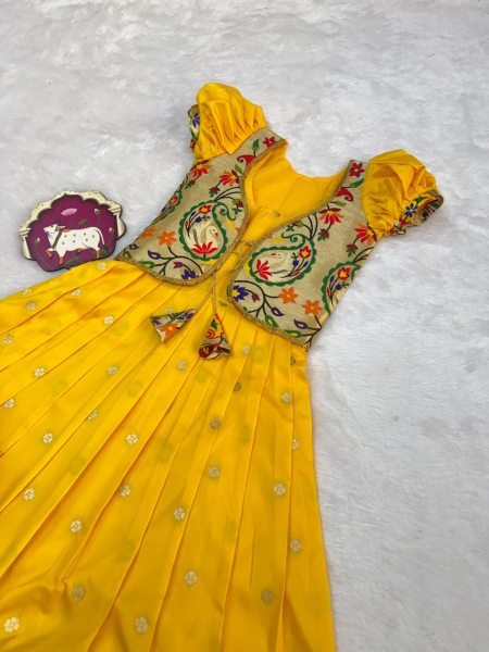 Captivating Yellow Kids Paithani Silk Gown with Zari Weaving and Overcoat Girls Wear