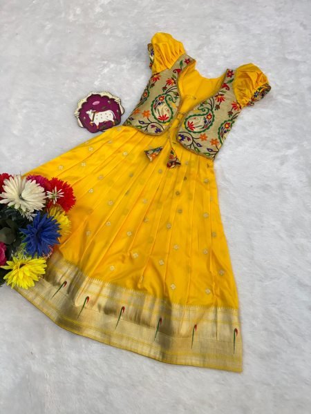 Captivating Yellow Kids Paithani Silk Gown with Zari Weaving and Overcoat Girls Wear