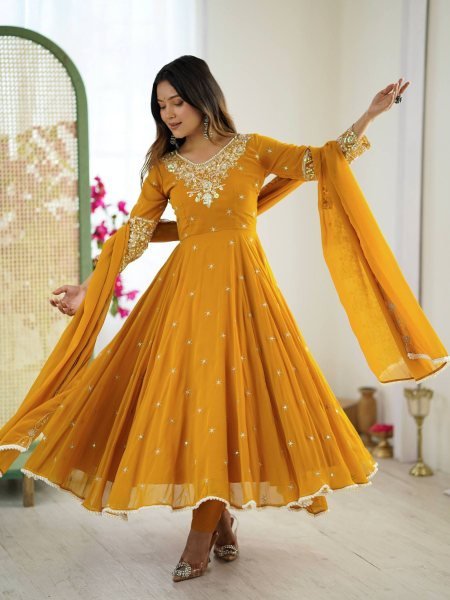 Captivating Yellow Ready to Wear Sequence Anarkali Gown with 6m Flair Set for Wedding Wear Haldi Ceremony Outfits