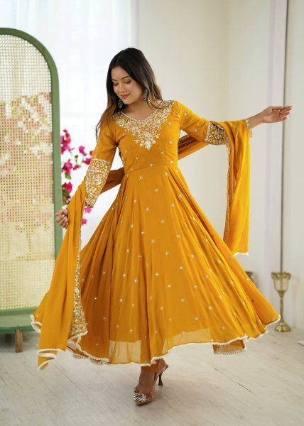 Captivating Yellow Ready to Wear Sequence Anarkali Gown with 6m Flair Set for Wedding Wear Anarkali Kurtis 
