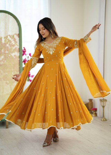 Captivating Yellow Ready to Wear Sequence Anarkali Gown with 6m Flair Set for Wedding Wear Anarkali Kurtis 