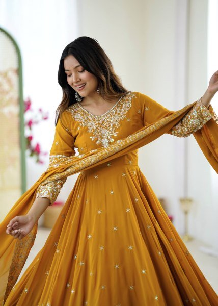Captivating Yellow Ready to Wear Sequence Anarkali Gown with 6m Flair Set for Wedding Wear Anarkali Kurtis 