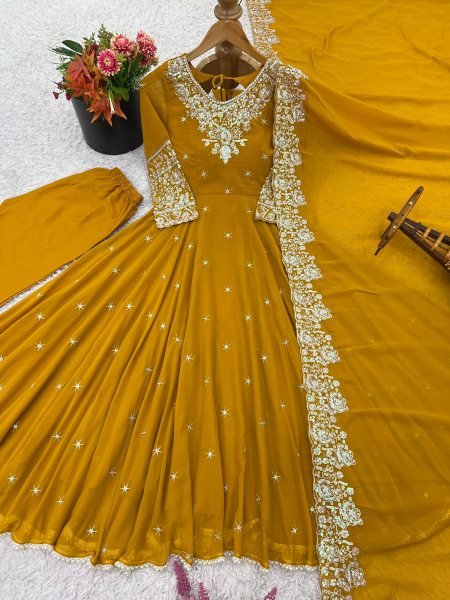 Captivating Yellow Ready to Wear Sequence Anarkali Gown with 6m Flair Set for Wedding Wear Anarkali Kurtis 