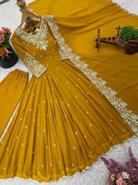 Captivating Yellow Ready to Wear Sequence Anarkali Gown with 6m Flair Set for Wedding Wear Anarkali Kurtis 