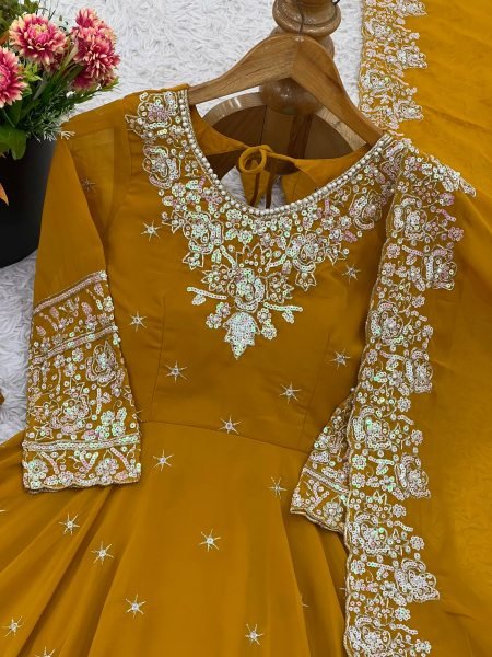Captivating Yellow Ready to Wear Sequence Anarkali Gown with 6m Flair Set for Wedding Wear Anarkali Kurtis 