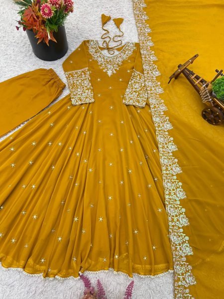 Captivating Yellow Ready to Wear Sequence Anarkali Gown with 6m Flair Set for Wedding Wear Anarkali Kurtis 