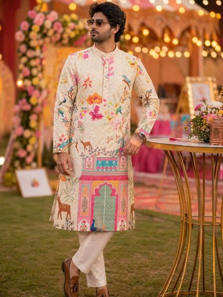 Carnival Special Off White Cotton Digital Crochet Men's Kurta And Pyjama Set Mens Wear