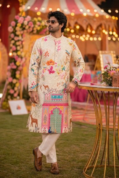 Carnival Special Off White Cotton Digital Crochet Men's Kurta And Pyjama Set Kurta Pajama Wholesale