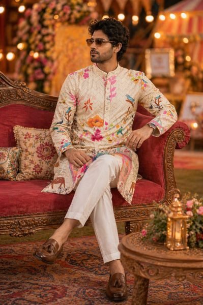 Carnival Special Off White Cotton Digital Crochet Men's Kurta And Pyjama Set Kurta Pajama Wholesale