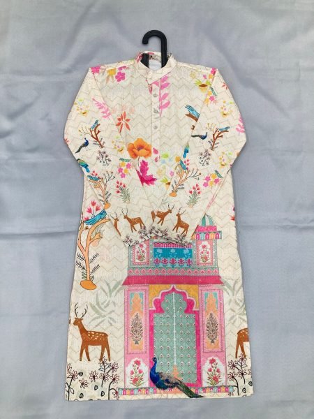 Carnival Special Off White Cotton Digital Crochet Men's Kurta And Pyjama Set Kurta Pajama Wholesale