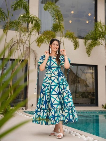 Casual Abstract Printed Rayon Gown with Puff Sleeves and Tie Up Neck Kurtis