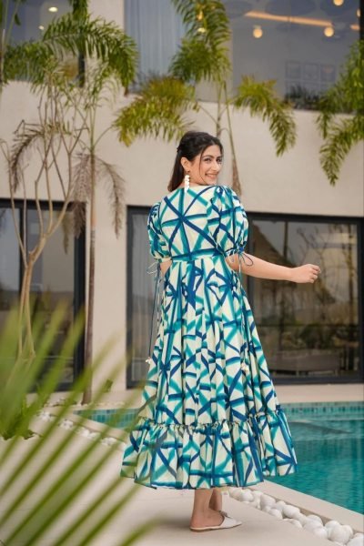 Casual Abstract Printed Rayon Gown with Puff Sleeves and Tie Up Neck Western Ladies Top Wholesale