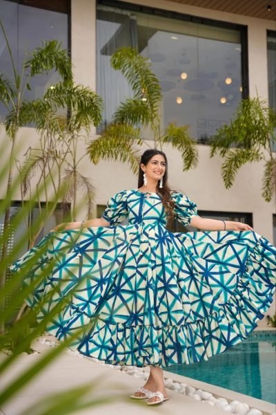 Casual Abstract Printed Rayon Gown with Puff Sleeves and Tie Up Neck Western Ladies Top Wholesale