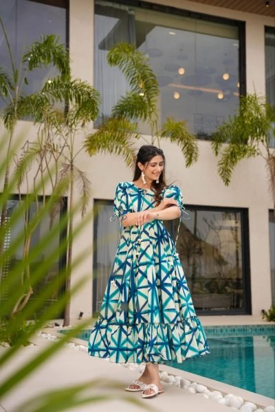 Casual Abstract Printed Rayon Gown with Puff Sleeves and Tie Up Neck Western Ladies Top Wholesale