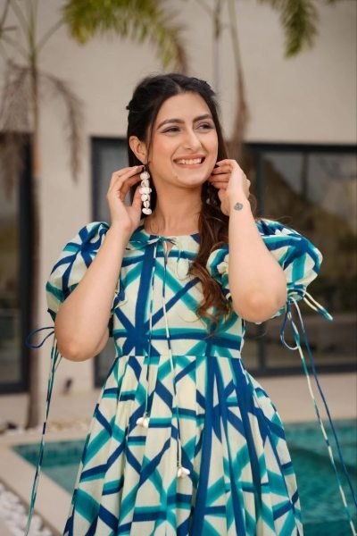 Casual Abstract Printed Rayon Gown with Puff Sleeves and Tie Up Neck Western Ladies Top Wholesale