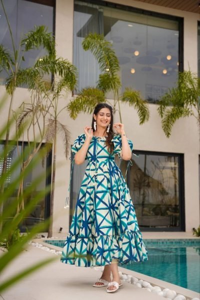 Casual Abstract Printed Rayon Gown with Puff Sleeves and Tie Up Neck Western Ladies Top Wholesale