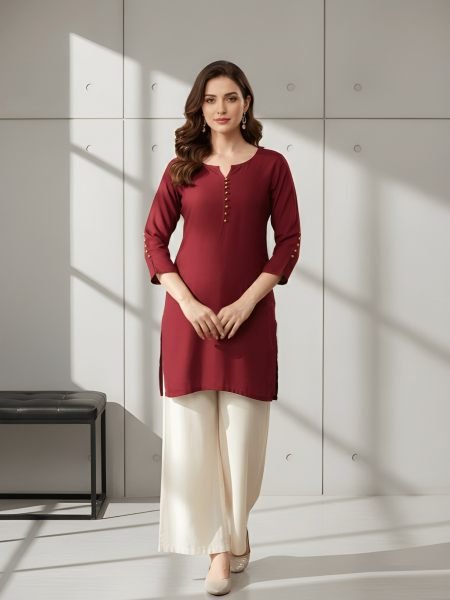 Casual Maroon Roman Silk Round Neck Tunic Top for Daily Wear Kurtis