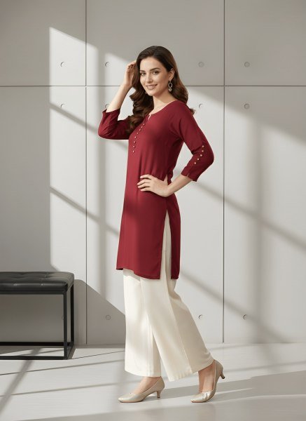 Casual Maroon Roman Silk Round Neck Tunic Top for Daily Wear CO ORD Sets