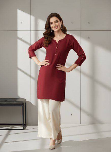 Casual Maroon Roman Silk Round Neck Tunic Top for Daily Wear CO ORD Sets