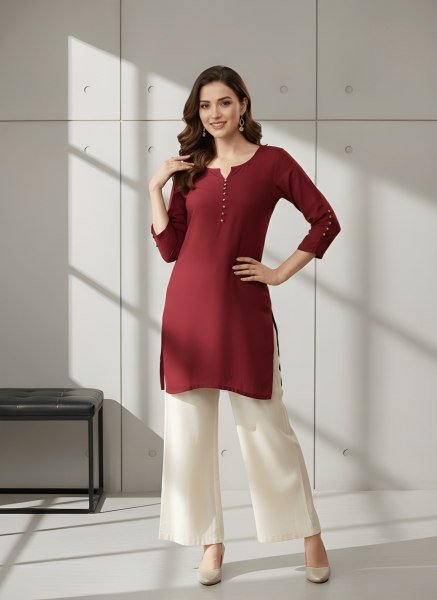 Casual Maroon Roman Silk Round Neck Tunic Top for Daily Wear CO ORD Sets