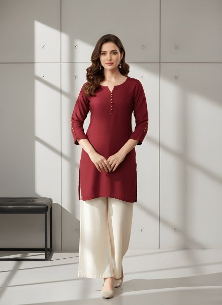 Casual Maroon Roman Silk Round Neck Tunic Top for Daily Wear CO ORD Sets