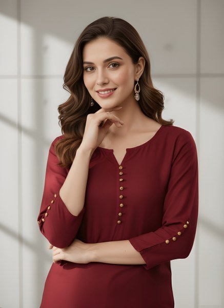 Casual Maroon Roman Silk Round Neck Tunic Top for Daily Wear CO ORD Sets