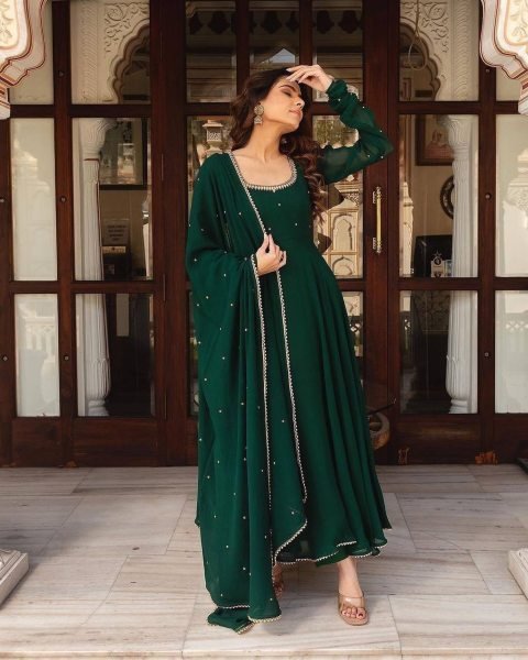 Festival Wear Wear Green Color Georgette Gown With Dupatta   Anarkali Kurtis 