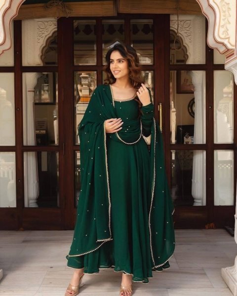 Festival Wear Wear Green Color Georgette Gown With Dupatta   Anarkali Kurtis 