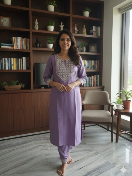 Casual Lavender Ready to wear Kurti paired with a matching embroidered pant at Manufacturer Rate  Kurti With Bottom Wholesale