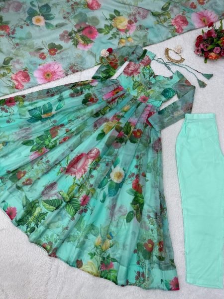 Casual Wear Silk Organza Anarkali Suit 3 Piece Kurti Set