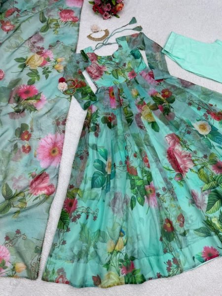 Casual Wear Silk Organza Anarkali Suit 3 Piece Kurti Set