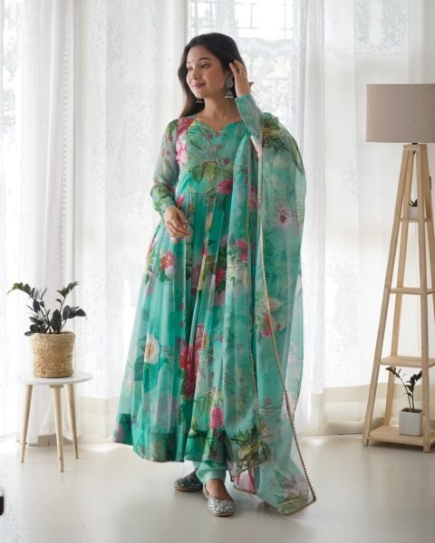 Casual Wear Silk Organza Anarkali Suit 3 Piece Kurti Set