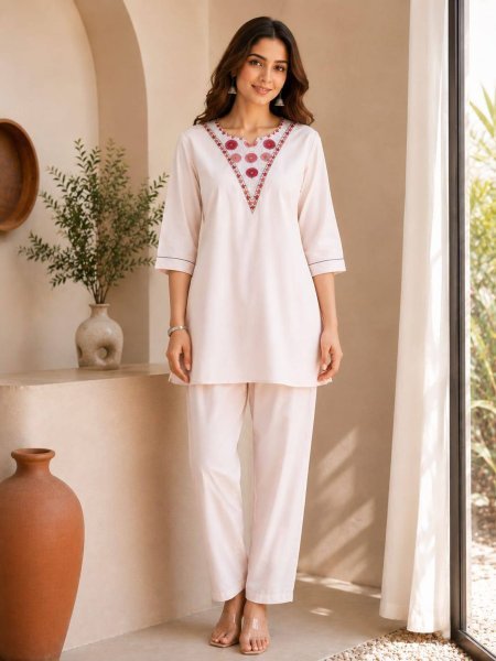 Casual Wear White Premium Rayon Co Ord Set for Ladies 