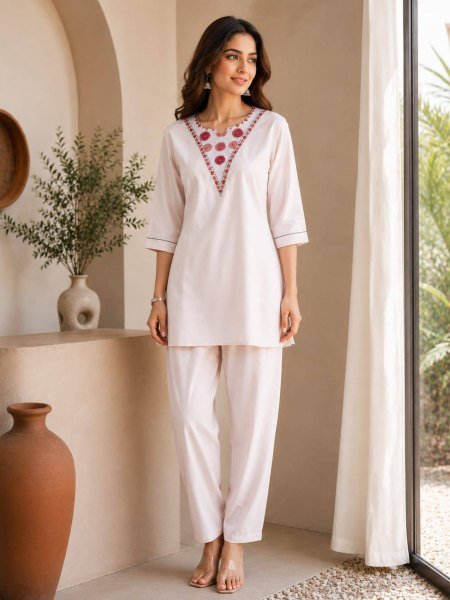 Casual Wear White Premium Rayon Co Ord Set for Ladies CO ORD Sets