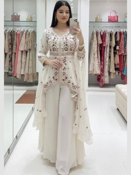 Celebration Wear White Rangoli Silk Embroidery Suit Matching Dupatta Ready To Wear Suit