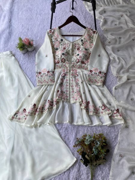 Celebration Wear White Rangoli Silk Embroidery Suit Matching Dupatta Ready To Wear Collection