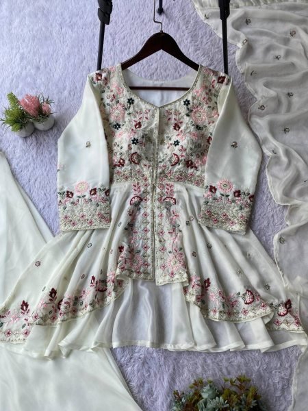 Celebration Wear White Rangoli Silk Embroidery Suit Matching Dupatta Ready To Wear Collection