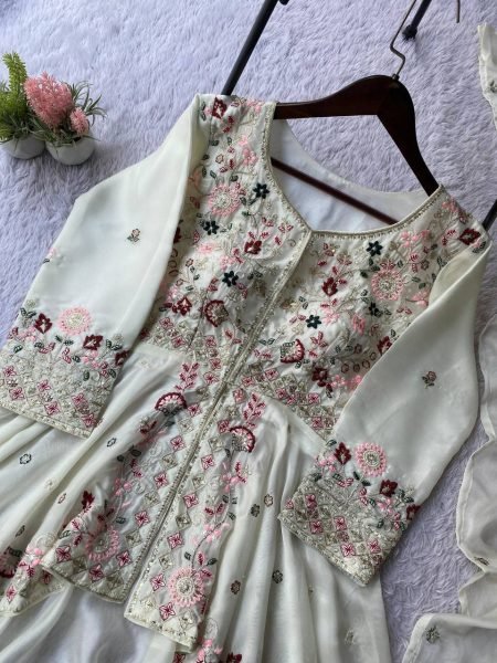 Celebration Wear White Rangoli Silk Embroidery Suit Matching Dupatta Ready To Wear Collection