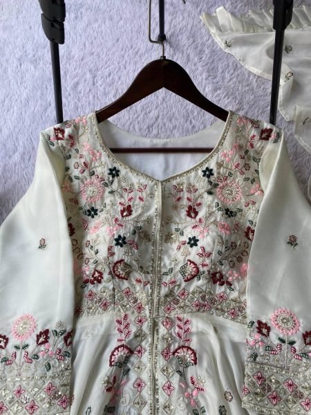 Celebration Wear White Rangoli Silk Embroidery Suit Matching Dupatta Ready To Wear Collection